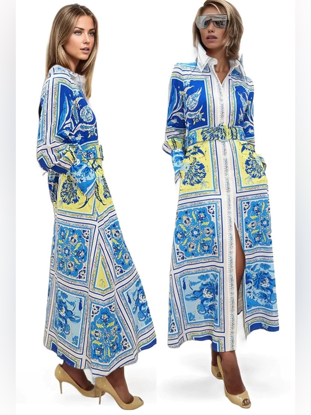 NWT N by Nancy Mediterranean-style tile print maxi shirt dress, Size L